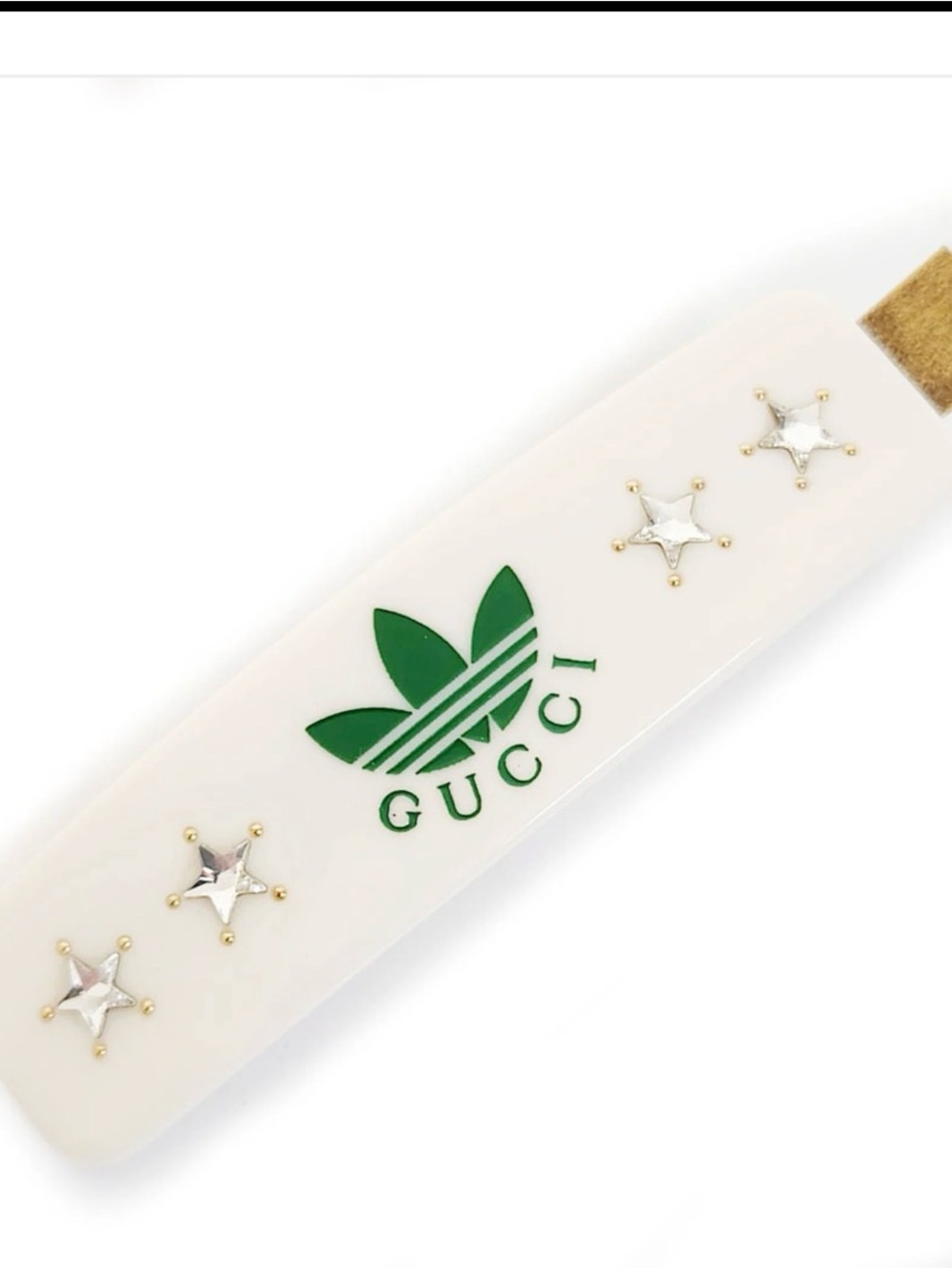 Gucci x Adidas Off White Resin Barrette with Green Logo and Star Studs